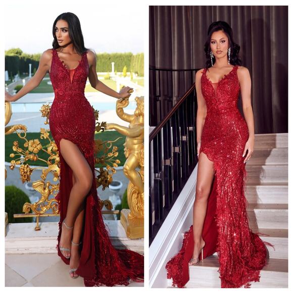PORTIA AND SCARLETT Red Glitter Feather Gown Dress with Train PS21228 Size - Picture 2 of 13